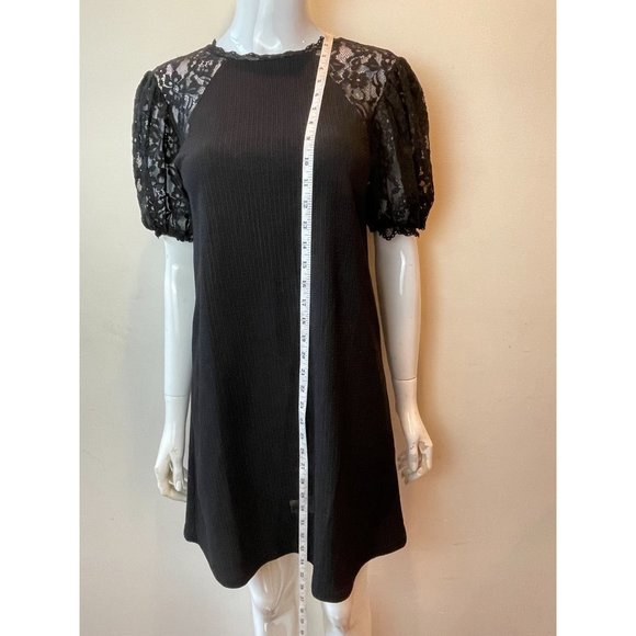 Zara Womens Floral Lace Shift Dress Puff Sleeve Waffle Knit Back Keyhole Black S - Picture 3 of 6